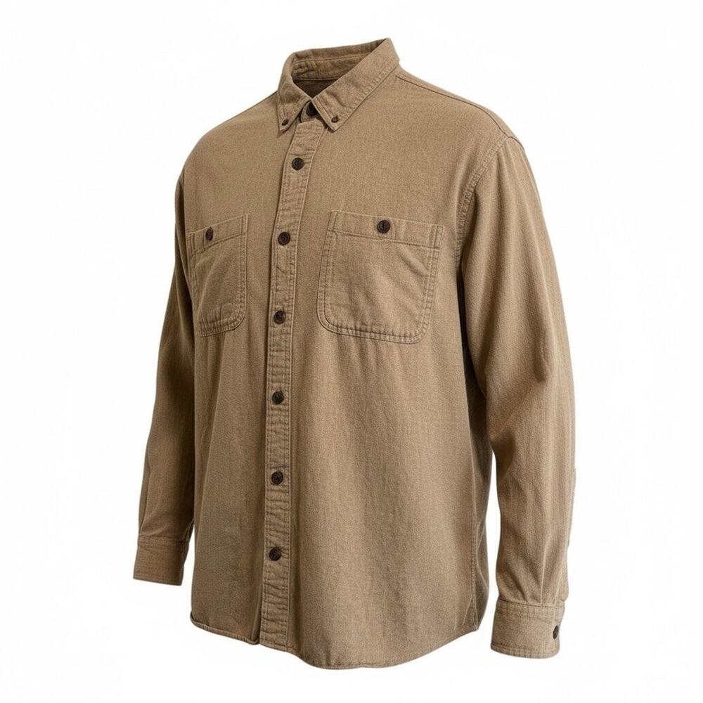 Duluth Trading XL Soft Flannel Shirt Relaxed Fit Button Down Pockets Beige Tan